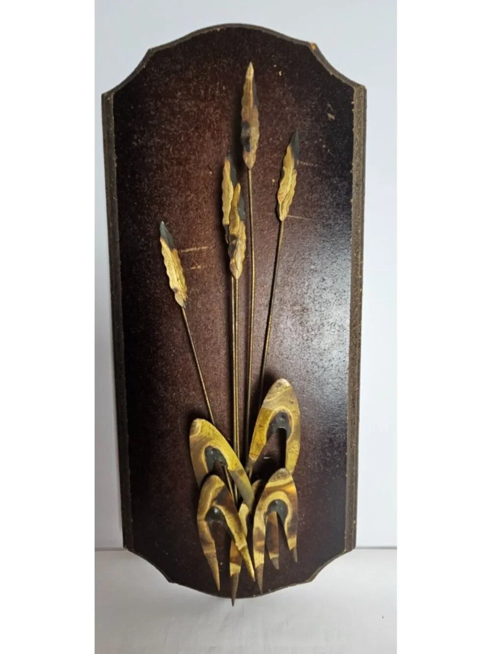 Vintage MCM Wall Plaque Brutalist Brass Sea Oats Botanical Metal Art 17.75